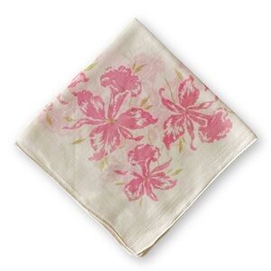 Antique Midcentury Ivory White Pink Orchid Floral Silk Linen Handkerchief